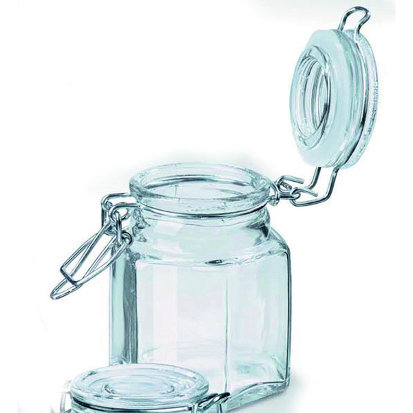 Deko-Glas 8,5 x 5 cm, sechseckig, ca. 90 ml, mit Deckel und Dichtring, Bügelverschluss