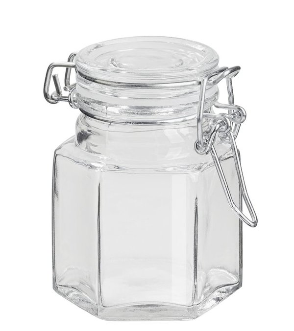 Deko-Glas 8,5 x 5 cm, sechseckig, ca. 90 ml, mit Deckel und Dichtring, Bügelverschluss